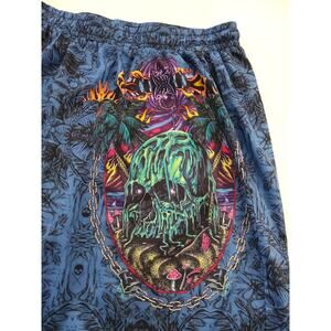 Rare  XXXLVintage Mens Swim trunks. Blue with Skulls/Tiki symbols Vacay Pirate